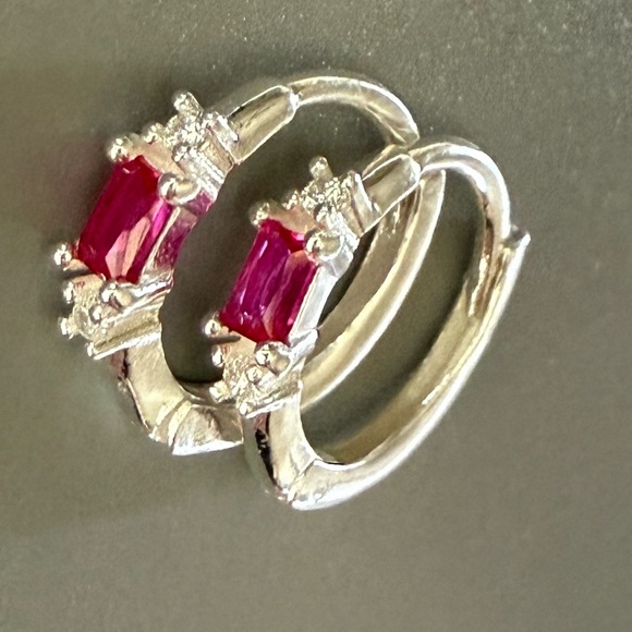 Sterling Silver Ruby Baguette Huggie Hoop Earrings 11mm - Picture 3 of 11